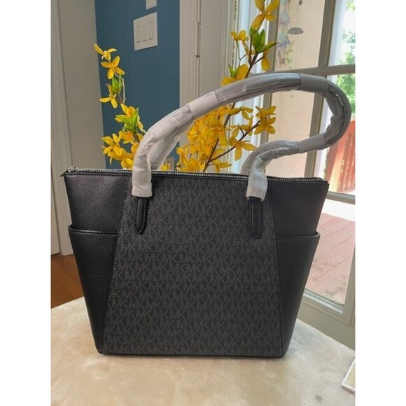 NWT Michael Kors Charlotte Black Leather Tote - Silver Hardware - Picture 4 of 12